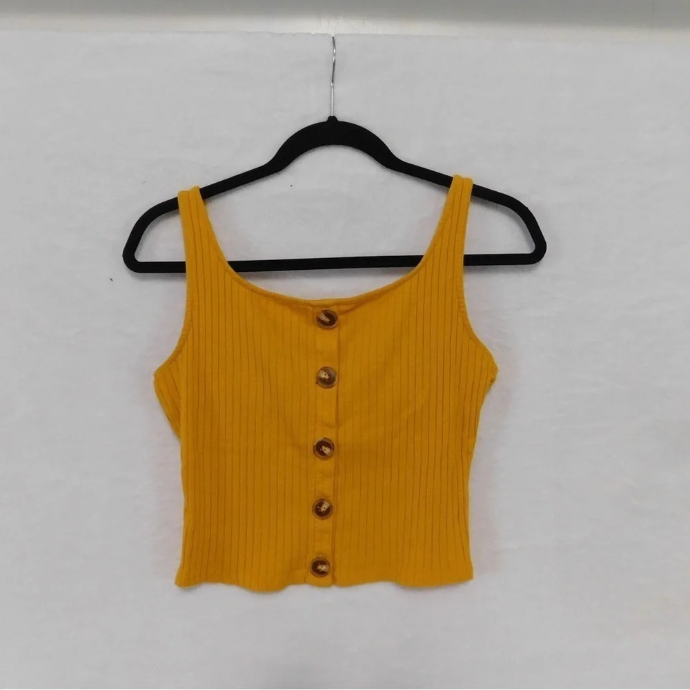 Heart Hips Ribbed Tank Top Button Front Mustard Yellow Casual Top‎ Size L